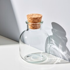 A clear glass round-necked empty storage vessel sealed with a natural brown cork stopper sits on a white, sunlit reflective tabletop. Use.