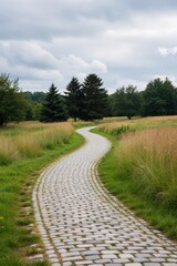 A winding stone pathway meanders past lush greenery under a cloudy sky; peaceful countryside setting invites exploration. Use: travel magazine.