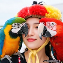 Two vibrant macaws perch on a person's shoulders in an outdoor setting. Use: travel blog feature, nature documentary.
