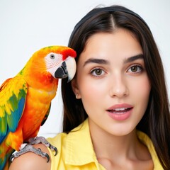 Vibrant scarlet macaw perches on young woman's shoulder in bright sunlight. Use: travel blog hero, wildlife magazine cover.
