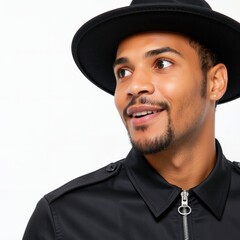 A stylish young Asian man in a black jacket and hat poses outdoors. Use: fashion editorial, lifestyle ads.