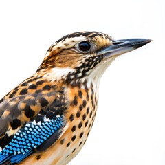 Close-up of a kingfisher with vibrant blue and brown feathers, perched against white background. Use: wildlife book cover, nature documentary frame.