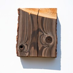 Two weathered wooden planks with visible knots and grain patterns hang against a clean white wall, showcasing natural textures. Use: rustic home.