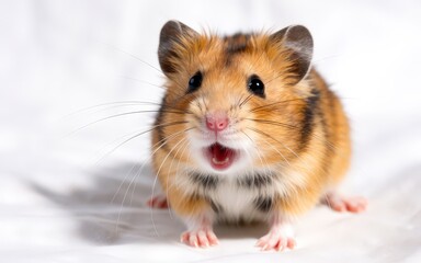 A small, fluffy orange and black-striped Syrian hamster yawns in a white background. Use: children's book illustration, wildlife documentary intro.