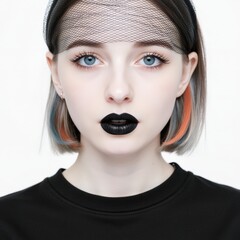Portrait of a young adult with colorful highlights and black lips, wearing a headband. Use: fashion editorial spread, social media influencer post.