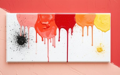 Vibrant drip painting with pink, red, orange, yellow and black paint on white canvas. Use: retail promotion material, art gallery wall decor, home.