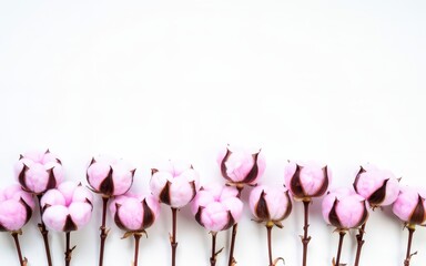 A row of pink fluffy flower buds against a white background, showcasing their soft and natural appearance. Use: product packaging backgrounds.