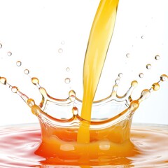 Golden orange liquid splashes dramatically in a clear glass, capturing vibrant energy and freshness. Use: beverage packaging design, health food.