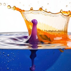 Macro shot of colorful liquids splashing in water, showcasing vibrant refraction and dynamic fluid movement. Use: scientific illustration.