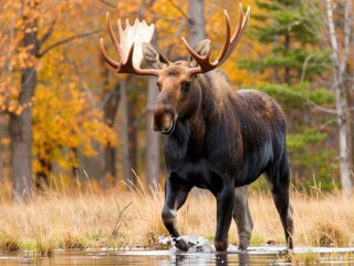 Large male moose with impressive antlers crosses shallow pond in autumn forest. Use: nature documentary, wildlife calendar.