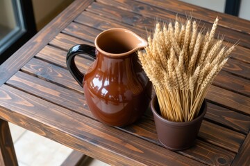 A brown ceramic jug sits next to a pot of wheat stalks on a wooden table, bathed in natural light. Use: home decoration inspiration, rustic.