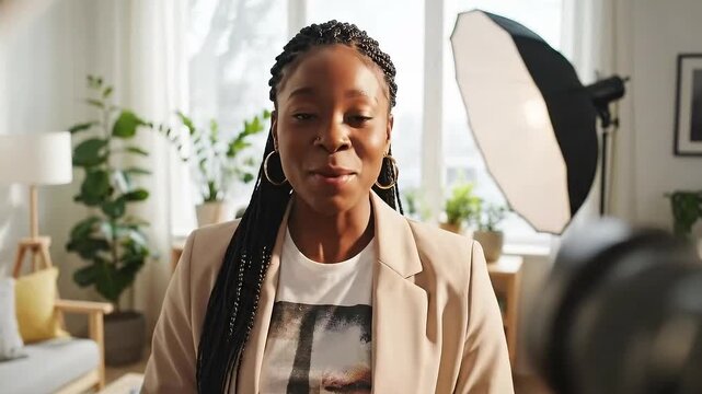 Cheerful Young Woman Vlogging From Home Using a Ring Light and Professional Camera in a Cozy Room, Wearing a Beige Blazer and