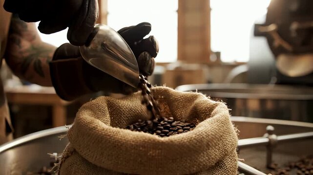 Close up of roasted coffee beans being scooped into a burlap sack in a coffee roastery