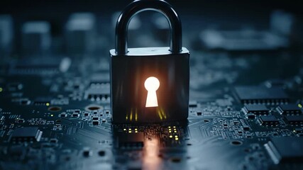 Secure digital padlock glowing on a circuit board representing cyber security and data protection - Powered by Adobe