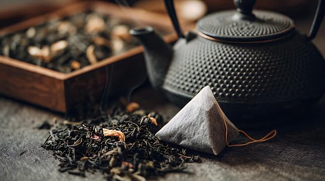 Steaming kettle, loose leaves, and a tea bag on surface