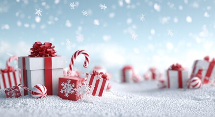 Christmas presents and candy canes rest on snow under falling snowflakes.