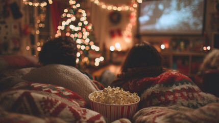 A family enjoying a Christmas movie night with popcorn and blankets ,Cristmas, photo style