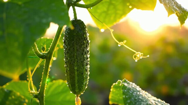 Dew drops glisten on a ripening cucumber hanging from a vine in warm morning sunlight
