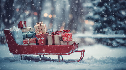 Presents placed inside a red Christmas sleigh in the snow ,Cristmas, photo style