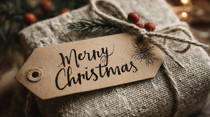 A close-up of a gift tag saying "Merry Christmas" on a wrapped present ,Cristmas, photo style