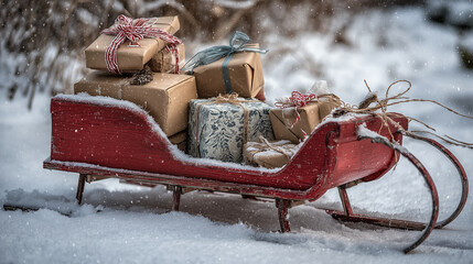 Presents placed inside a red Christmas sleigh in the snow ,Cristmas, photo style
