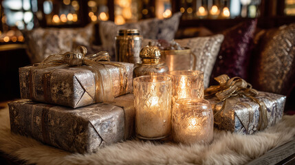 A glamorous Christmas setup with luxurious wrapped gifts and candles ,Cristmas, photo style