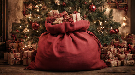 A large red sack filled with Christmas presents ,Cristmas, photo style