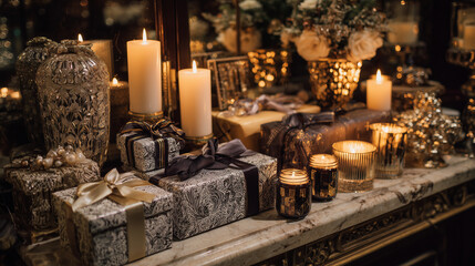 A glamorous Christmas setup with luxurious wrapped gifts and candles ,Cristmas, photo style