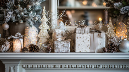 A beautifully decorated Christmas mantle with small gift boxes ,Cristmas, photo style