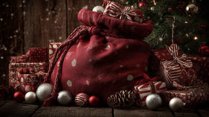 A large red sack filled with Christmas presents ,Cristmas, photo style