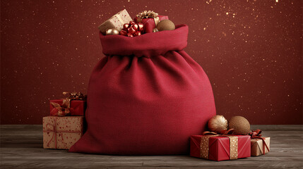 A large red sack filled with Christmas presents ,Cristmas, photo style