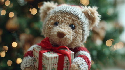 A teddy bear holding a small Christmas present ,Cristmas, photo style