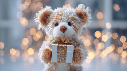 A teddy bear holding a small Christmas present ,Cristmas, photo style