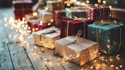 Presents arranged on a wooden floor with fairy lights around them ,Cristmas, photo style