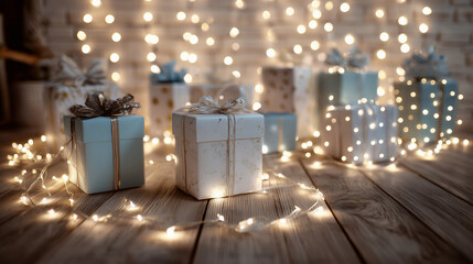 Presents arranged on a wooden floor with fairy lights around them ,Cristmas, photo style