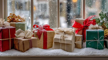 Wrapped gifts arranged around a snow-covered window sill ,Cristmas, photo style