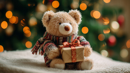 A teddy bear holding a small Christmas present ,Cristmas, photo style