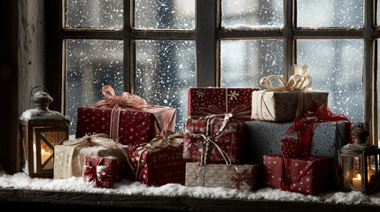 Wrapped gifts arranged around a snow-covered window sill ,Cristmas, photo style