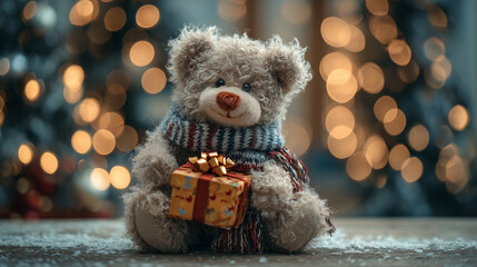 A teddy bear holding a small Christmas present ,Cristmas, photo style