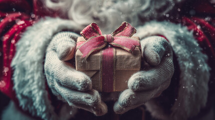 Santas gloved hands holding a small gift box with a bow ,Cristmas, photo style