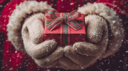 Santas gloved hands holding a small gift box with a bow ,Cristmas, photo style