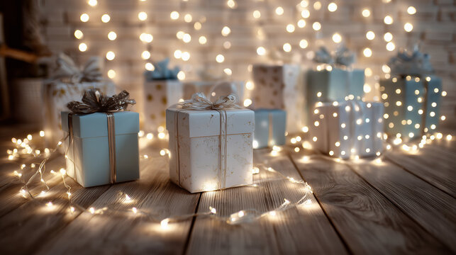 Presents arranged on a wooden floor with fairy lights around them ,Cristmas, photo style - Powered by Adobe