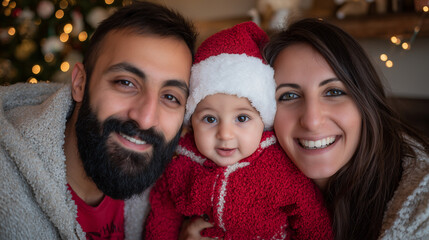 A babys first Christmas photo with parents smiling proudly ,Cristmas, photo style