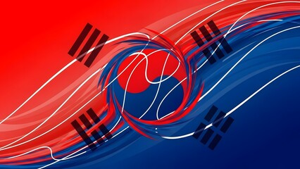 Korean Flag Emblem with Abstract Design: A dynamic abstract representation of the Korean flag, blending its iconic colors and symbols in a modern, flowing design.