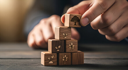 Hand stacking wooden blocks with nature symbols, representing environmental conservation and sustainable development.