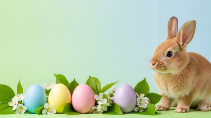 Cute brown bunny with pastel colored easter eggs and fresh spring blossoms representing a joyful holiday celebration concept on a gradient background