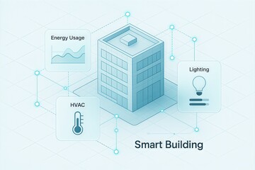 Advanced smart building technology integration visualizing energy management, HVAC systems, and intelligent lighting solutions for modern infrastructure sustainability