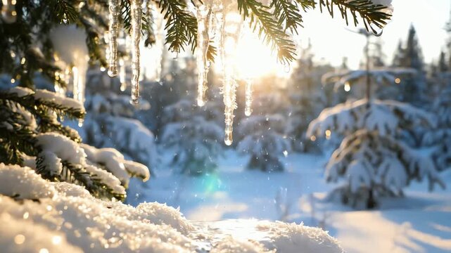 Close up of melting icicles on evergreen branches with sunlight filtering through snow covered forest