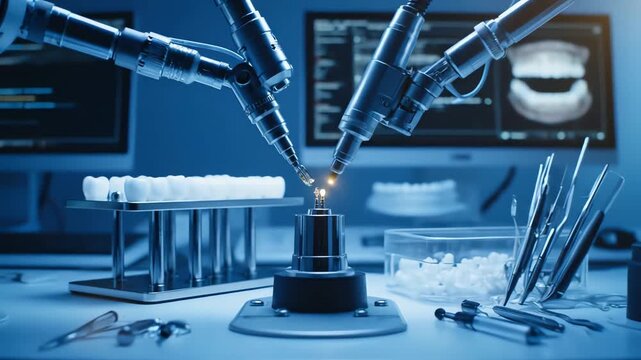 Advanced Robotic Arms Perform Precision Dental Work on a Tiny Tooth Model in a Futuristic Lab