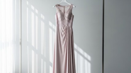 A floor-length, mauve gown hangs against a white wall with light and shadow